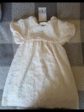 Zara Cream Textured Puff-Sleeve Dress for Kids